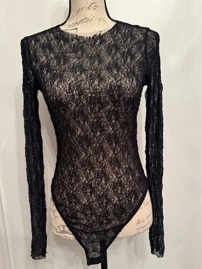 Sheer Black Lace Long-Sleeve Bodysuit
